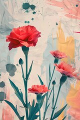 A painting of a bunch of red flowers with a splash of blue and yellow. The flowers are arranged in a way that they look like they are in a vase. The painting has a vibrant and lively feel to it