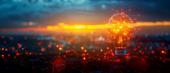 Fototapeta premium A glowing light bulb shines against a vibrant sunset, symbolizing innovation and creativity in an urban landscape.