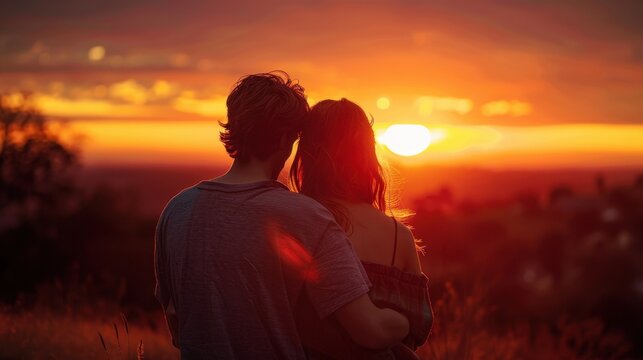 A couple sharing a tender moment while watching a sunset, capturing the warmth and intimacy of the scene.