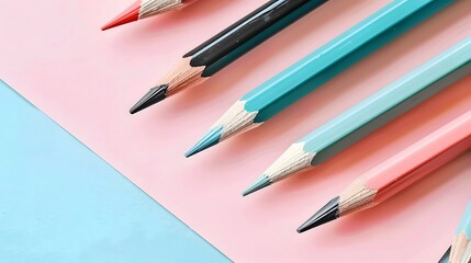 A pattern of pencils in various colors and sizes, arranged in a repeating design on a pastel background, evoking a sense of creativity and fun. Copy space. 