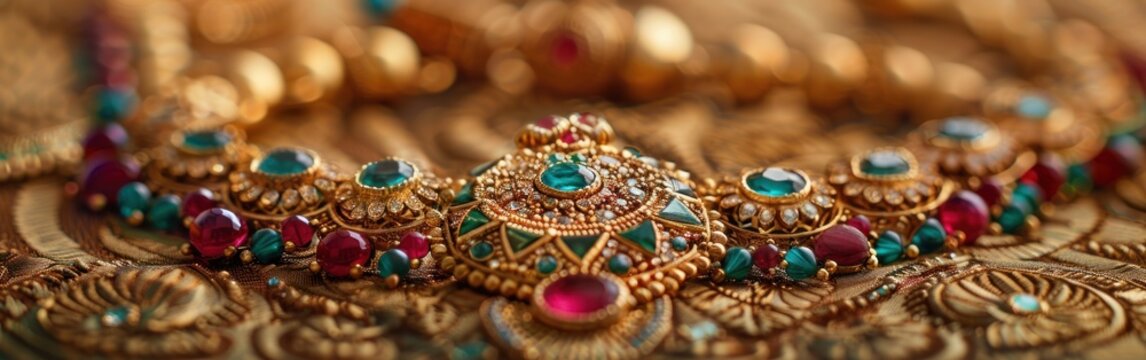 A gold necklace with emerald and ruby gemstones