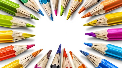 A seamless pattern of colorful pencils arranged in a diagonal grid on a white background, creating a vibrant and playful design. Copy space. 
