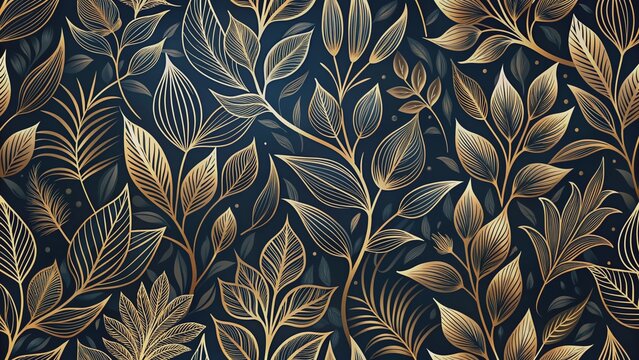 Elegant floral organic texture wallpaper illustration featuring intricate gold line art leaves on a dark, mysterious background with a seamless repeating pattern.