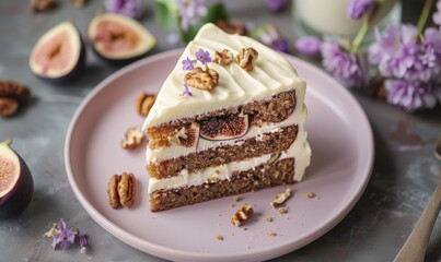 Fig and walnut cake with cream cheese frosting on a muted purple plate