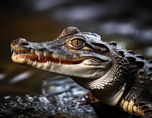 Obraz premium Close-Up Photo of Baby Crocodile with Mouth Open, Focusing on Large Prominent Eyes