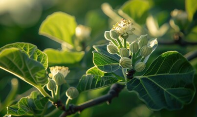 Fototapeta premium Fig tree blossoms and young figs, close-up
