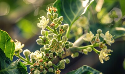 Fig tree blossoms and young figs, close-up