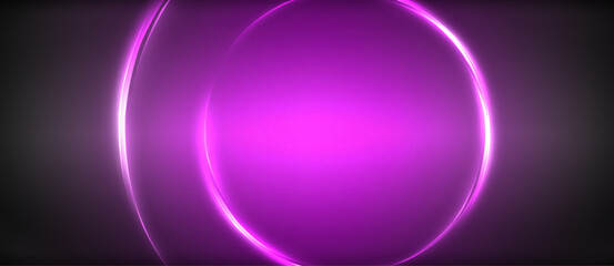Neon glowing circle rays, light round lines in the dark, planet style neon wave lines. Energetic electric concept design for wallpaper, banner, background