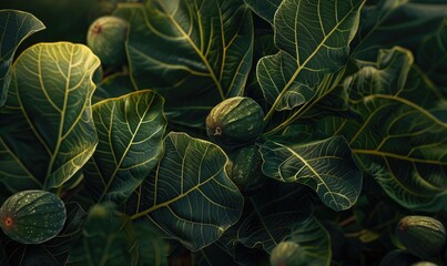 Figs and fig leaves, close-up, with a soft and warm sunlight