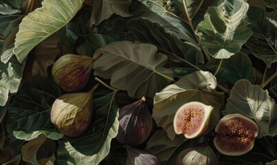 Figs and fig leaves, close-up, with a soft and warm sunlight
