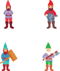 Garden dwarf icons set cartoon vector. Funny garden decoration gnome. Fairytale character