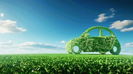 Green grass and blue sky background with a car shape made from leaves, symbolizing eco friendly transportation and sustainability, environmental care, sustainable travel
