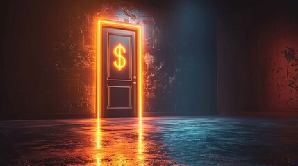 Economic opportunities, open door with dollar signs, 3D illustration, chance concept, copy space, more clarity with clear light and sharp focus , high detailed ,