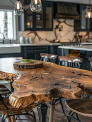 Rustic kitchen with wooden table and modern lighting