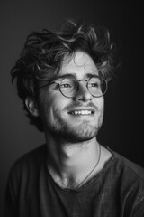 Obraz premium A man with glasses is smiling and wearing a black shirt. The image has a mood of happiness and positivity