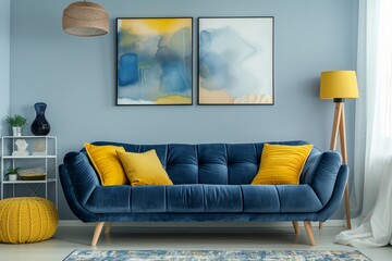 A living room with a blue couch and yellow pillows