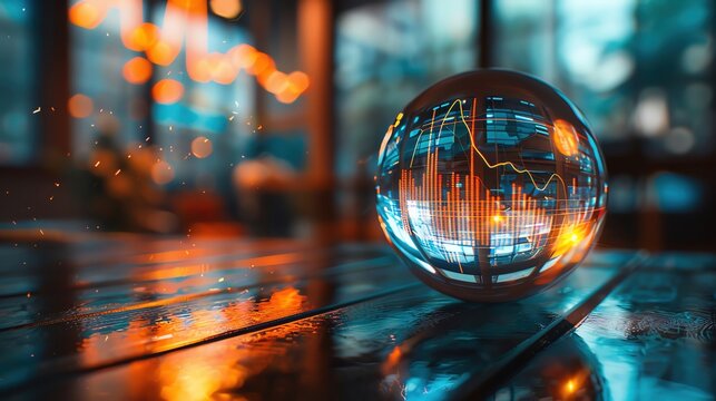 Financial forecast, crystal ball with charts, 3D illustration, prediction concept, copy space, more clarity with clear light and sharp focus , high detailed ,