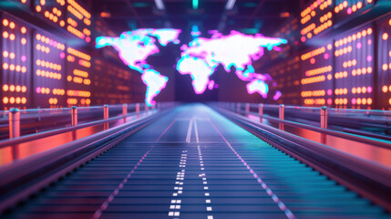 Futuristic data center view with illuminated panels and a digital world map, showcasing technology and innovation.