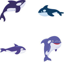 Cute orca icons set cartoon vector. Little cartoon killer whale. Whale orca, sea predator