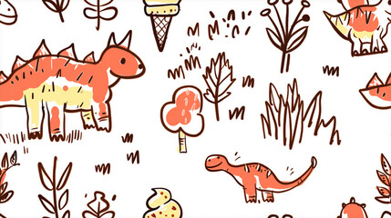 Seamless pattern with different types of happy dinosaurs with trees, leaves and icecream, background useful for wallpaper, nursery, textile, wrapping paper, copy space, children's book concept