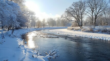 A serene river winds through a sunny winter landscape, the banks lined with snow-covered trees and the sky clear and bright.