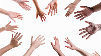  Diverse Hands Reaching Out in Circle on White Background