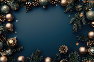 A blue background with a gold frame and a bunch of Christmas ornaments
