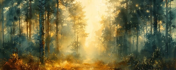Abstract lush forest with morning light in watercolor.