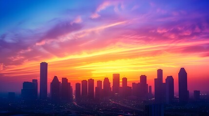 Minimalist Silhouetted Cityscape with Vibrant Sunrise Sky and Dramatic Reflection in Water