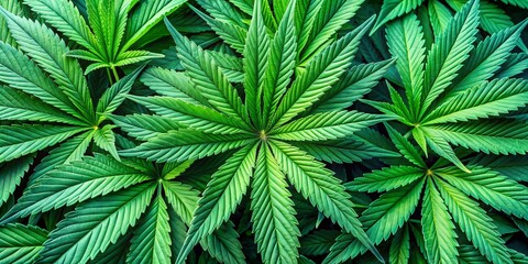 Vibrant green marijuana leaves with distinctive veins and serrated edges fill the frame, creating a visually striking and textured natural background with depth and dimension.