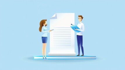 A man and a woman are standing in front of a white piece of paper