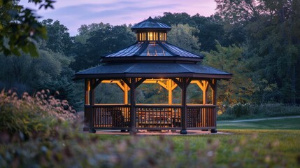 Fototapeta premium A serene twilight gazebo offering a peaceful refuge between day and night, bathed in soft, calming light.