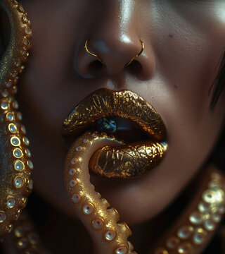 Glamous Woman with gold tentacles of an octopus in her mouth, A fashion model with polished golden octopus tentacles on her glossy gold lips, Jewelry Design concept