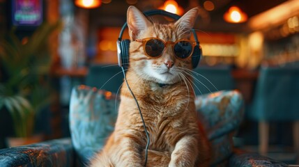 A cool cat wearing sunglasses and headphones, exuding a relaxed and trendy vibe.