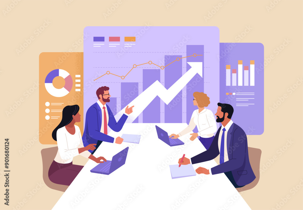 Aufkleber Business Planning concept. Vector illustration in flat style of a group of diverse business people having a discussion at a table with graphs in the background.