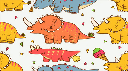 Naklejka premium Seamless pattern with different types of happy dinosaurs with trees, leaves and icecream, background useful for wallpaper, nursery, textile, wrapping paper, copy space, children's book concept