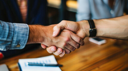 Obraz premium Close-up handshake between two people in casual business setting