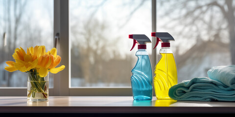 Cleaning products are on the table by the window in the sun with flower. Design for spring house cleaning, cleanliness and freshness. Horizontal banner template with place for text, copy space