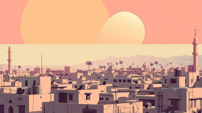 Risograph colorful riso print travel poster, card, wallpaper or banner illustration, modern, isolated, clear, simple of Fallujah, Iraq. Artistic, screen printing, stencil
