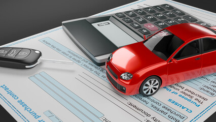 vehicle sale contract, vehicle tax payment, vehicle tax payment, purchase of new car, rental car, rent payment, vehicle purchase and sale contract, auto insurance,  3d illustration