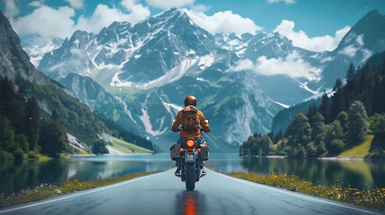 Caucasian man on a motorcycle journey through the scenic routes of the Bavarian Alps Germany