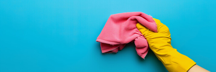 A hand in a yellow glove holds a pink cleaning rag on a blue background. Photo concept of spring cleaning in the office and home. Design horizontal banner template with place for text, copy space