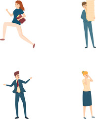 Urgent job icons set cartoon vector. Hurrying and running office worker. Deadline and rush hour