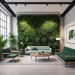 Fototapeta premium Interior of modern living room with green walls, tiled floor, comfortable green sofa and coffee table.