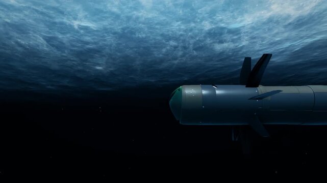 An autonomous underwater vehicle (AUV) glides silently past the camera, using its advanced sensors to locate an enemy target, which it can attack with its built-in payload.