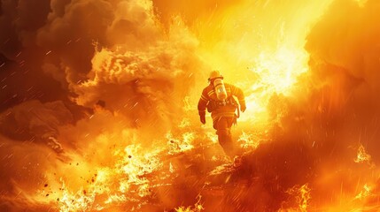 Firefighter in action, running towards a massive fire, bright orange flames dominating the scene, creating an intense and dramatic image