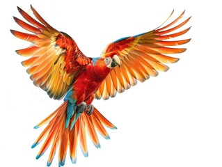 Obraz premium A colorful parrot with blue and red feathers is flying in the air. The bird's wingspan is large, and it is soaring high above the ground. Concept of freedom and beauty