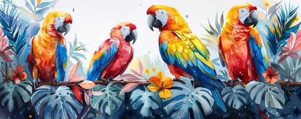 Naklejka premium Abstract rainforest with exotic birds in watercolor.