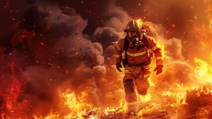 Fototapeta premium Firefighter in full gear running towards a massive fire, intense flames engulfing the surroundings with a bright orange glow dominating the scene