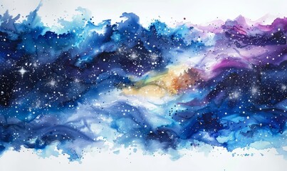 Fototapeta premium Abstract starry night sky in watercolor on a white canvas.